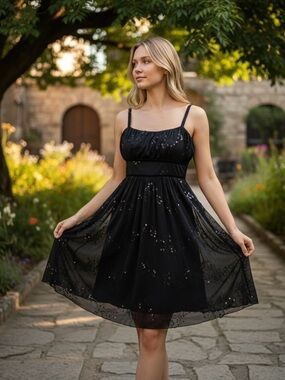 Y2K Sequin Beaded Babydoll Mini Dress S Sheer Black Mesh Whimsigoth Fairy Grunge